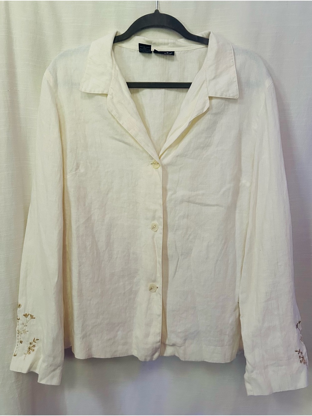 Women's Cream Button-Front 100% Linen Shirt with Sleeve Floral Embroidery